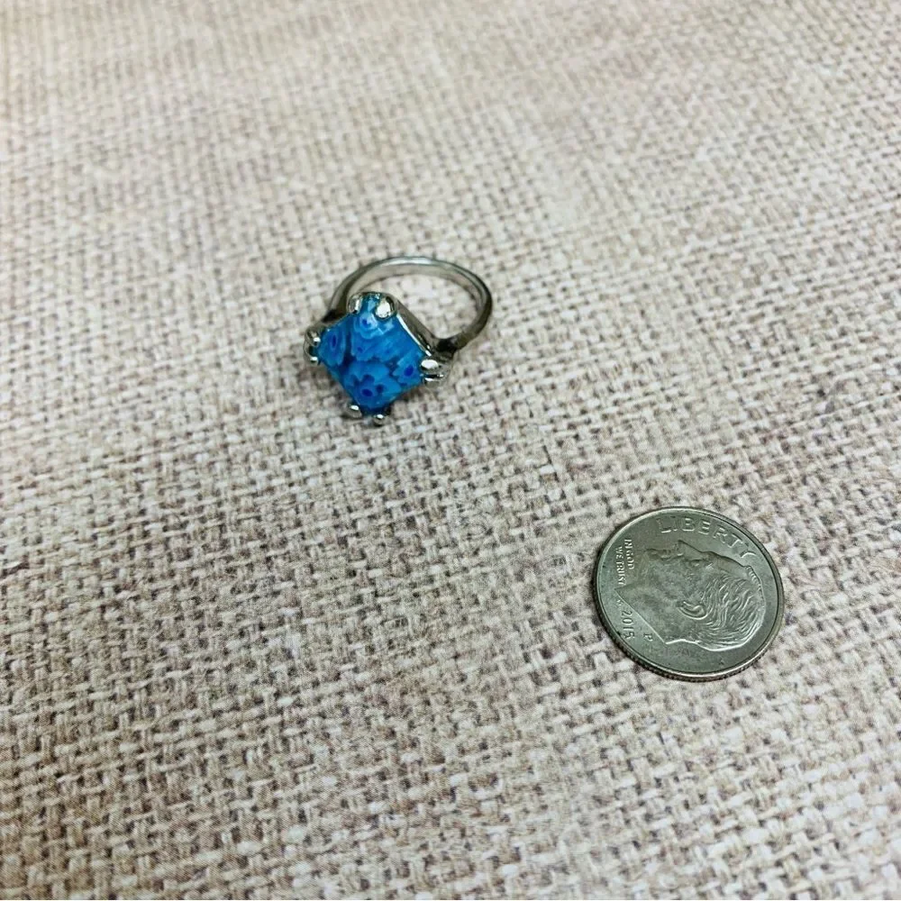 Silver Blue Millefiori Glass Ring‎